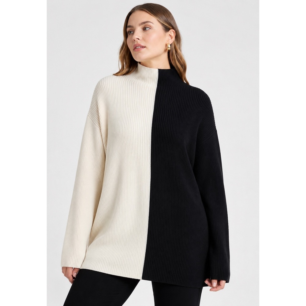 Eloquii Colorblock Ribbed Mock Neck Sweater Black Cream 18/20 Tunic Knit Top